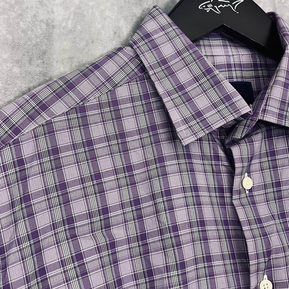 David Donahue Mens 17-34/35 Purple Plaid Cotton Long Sleeve Button Up Shirt